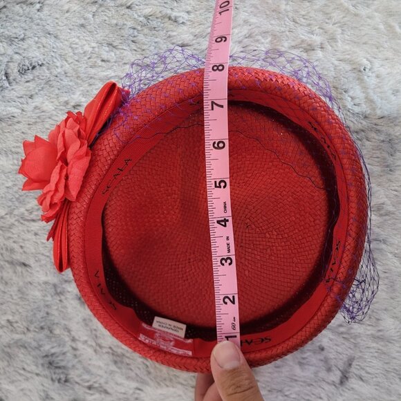 Scala Womens Vintage Red Dress Hat Paper Straw Flower Bow Mesh Formal Cap - Picture 5 of 9